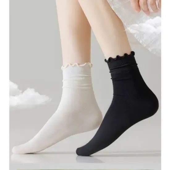 Anna-Kaci 4 Pairs Women's Ruffle Edge Crew Socks Soft Stretch Cotton Blend with High Elastic Cuffs in Assorted Solid Colors image {4}