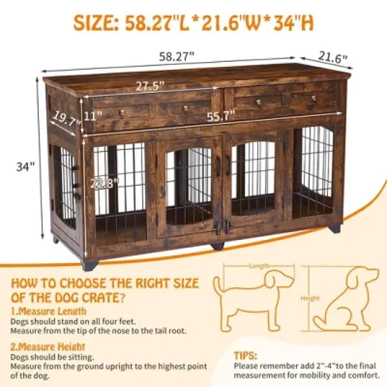 Dog Crate Furniture with 5 Doors, 58" Wooden Dog Kennel End Table with Large Capacity Drawers, Dog House with Openable Divider image {5}
