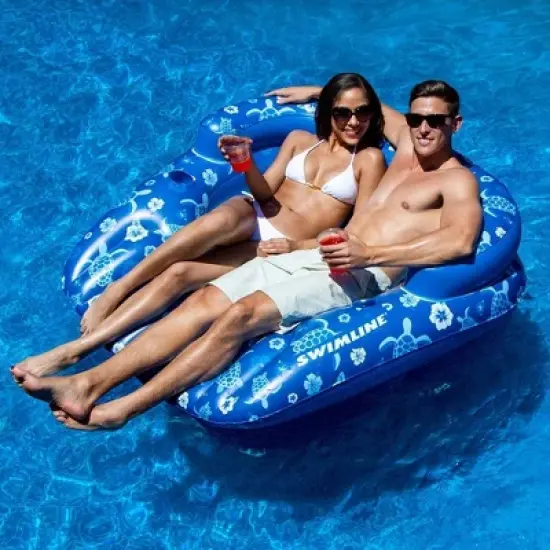 Swimline 90482 Inflatable Double Float 2 Person Tropical Floating Lounger Raft w/ Removable Center Seat or Drink Caddy and 2 Built-In Cupholders, Blue image {3}