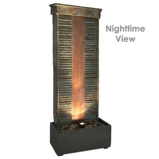Sunnydaze 48"H Electric Natural Slate with Copper Accents Rippled Column Outdoor Water Fountain with LED Spotlight image {5}