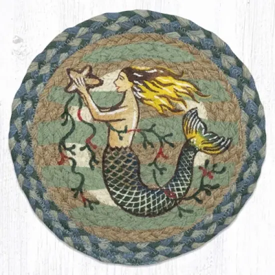 Earth Rugs Mermaid Printed Round Trivet &ndash; 10"x10" Braided Jute Mat with Coastal Fantasy Ocean Design image {1}