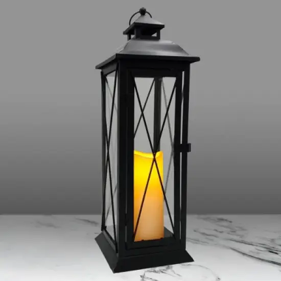 LumaBase Battery-Operated Metal Lantern with LED Candle - Crisscross image {1}