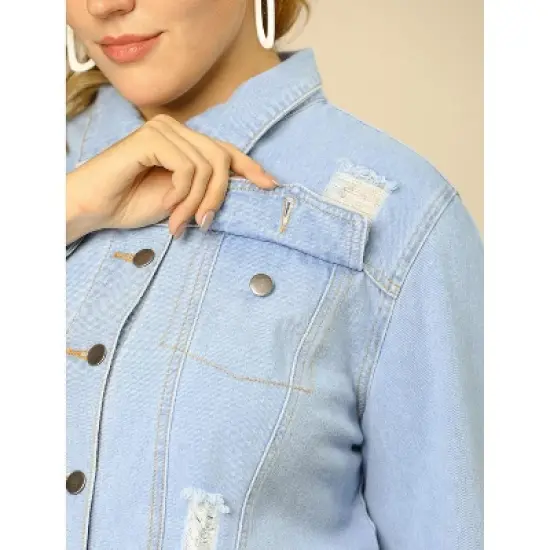 Agnes Orinda Women's Plus Size Washed Ripped Distressed Cropped Frayed Denim Jacket image {5}