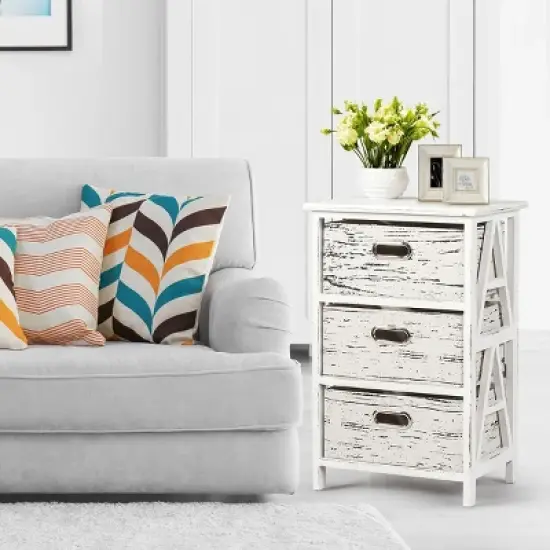 Chest w/3 Fabric Drawers Vintage Wood Frame End Table Side Sofa Table Nightstand image {3}