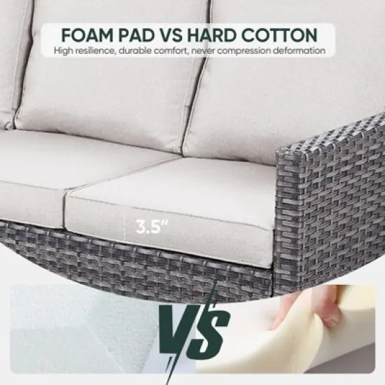 POCASSY 74.4" Outdoor Wicker Couch with Metal Armrest, 3-Seater Couch with Square Armrest Patio Furniture Sofa for Porch Balcony, Gray image {6}