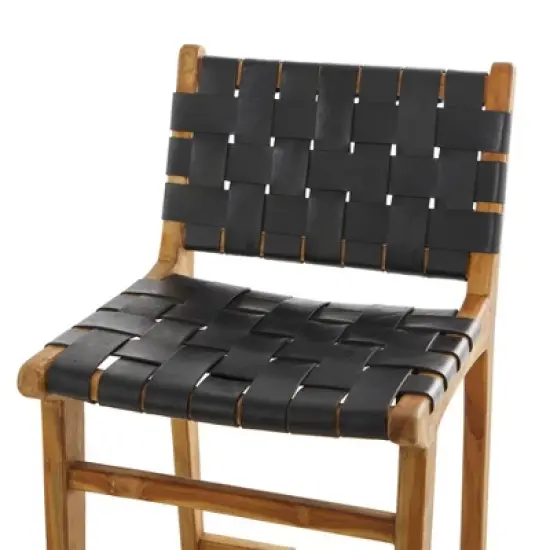 Modern Teak Woven Leather Barstool Black - Olivia & May image {2}