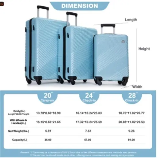FATMOON 3 Piece Luggage Sets PC+ABS Lightweight Suitcase with Two Hooks, Spinner Wheels, (20/24/28) image {2}