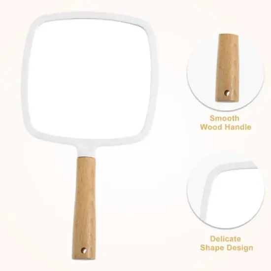 Unique Bargains Square Portable Handheld Wood Handle Vanity Cosmetic Makeup Mirror 1 Pc image {2}
