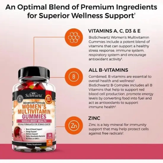 Women's Multivitamin Gummies with Vitamin A C B6 B12 D & E, Multivitamin Support for Bone, Breast, Skin, Joint & Energy Health, Bioschwartz, 60ct image {3}