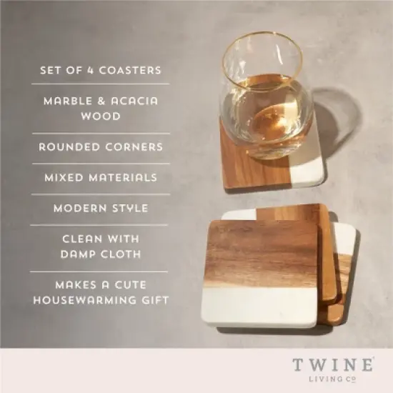 Twine Marble and Acacia Coasters, Modern Square Coasters, Acacia Wood, Marble, Protect Tables and Surfaces, Set of 4 image {1}