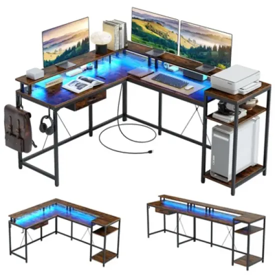 L Shaped Gaming Desk,68" Computer Desk with Power Outlets & LED Lights, Corner Desk with Monitor Shelf and Hook, Two Person Desk image {1}