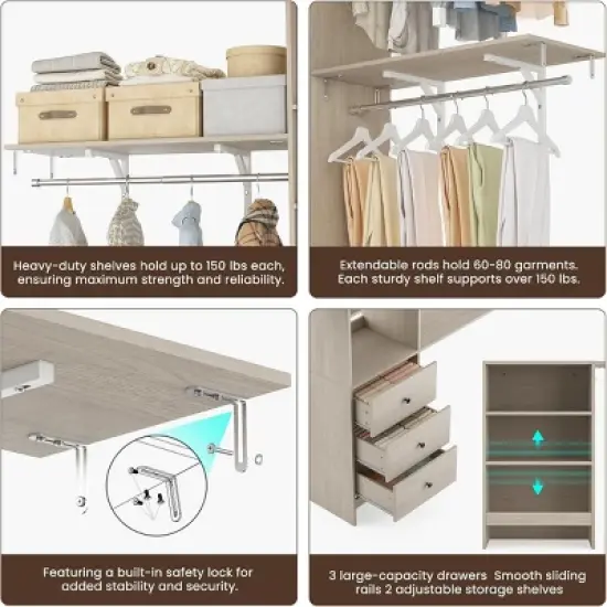 SEVOBAL Freestanding Coat Racks Expandable Wardrobe Rack with 3 Drawers and Shelves, High-Capacity Closet Organizer, White, 10.5"*44"*20.5" image {4}