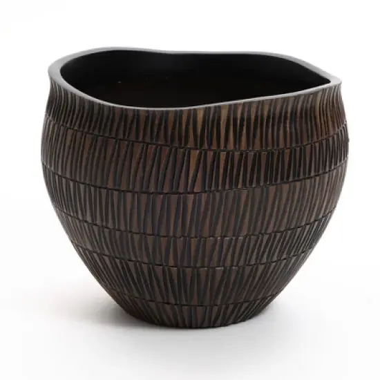 LuxenHome Brown with Black V-Pattern Polyresin 12-Inch Round Planter image {8}