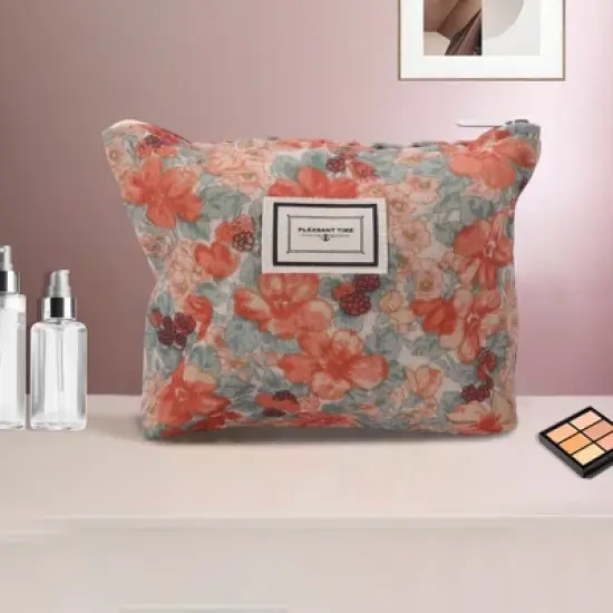 Unique Bargains Orange Flower Makeup Bag Orange 1 Pc image {4}