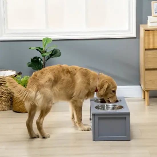 PawHut Elevated Dog Bowls, Raised Dog Bowl Stand with Storage, 2 Stainless Steel Bowls, Pet Feeding Station for Medium Dogs, Indoor Use, Gray image {2}