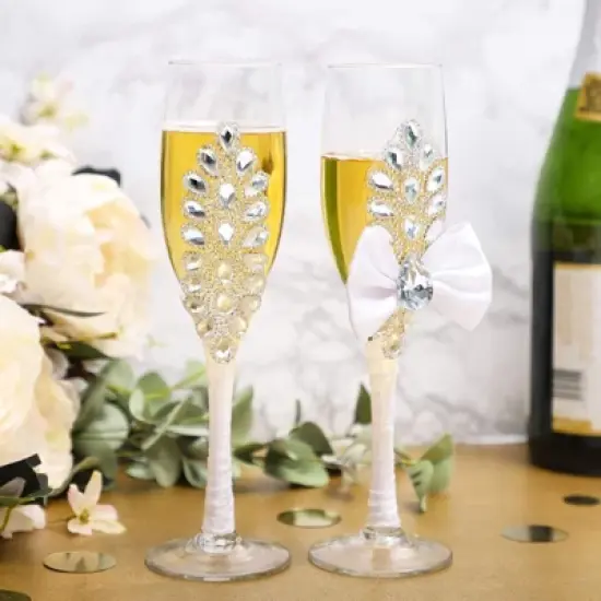 Sparkle and Bash Set of 2 Mr. & Mrs. Wedding Toasting Glasses, Bride and Groom Rhinestone Champagne Flutes in White image {1}