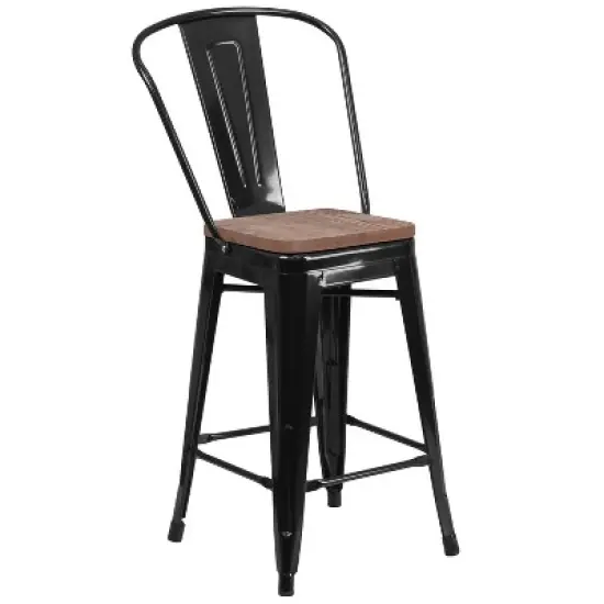Merrick Lane Metal Dining Stool with Curved Slatted Back and Textured Wood Seat image {14}