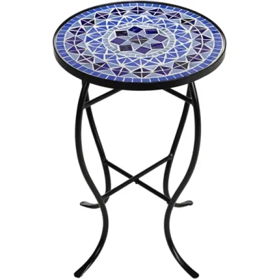 Teal Island Designs Modern Black Round Outdoor Accent Side Table 14" Wide Light Blue Mosaic Tabletop Front Porch Patio Home House Balcony image {4}