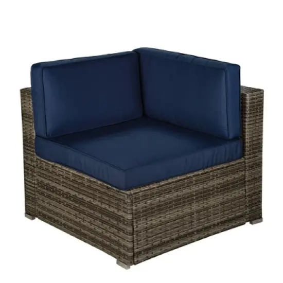 3pc Outdoor Rattan Wicker Conversation Set with Accent Table & Sectional - Brown/Blue - GODEER image {8}