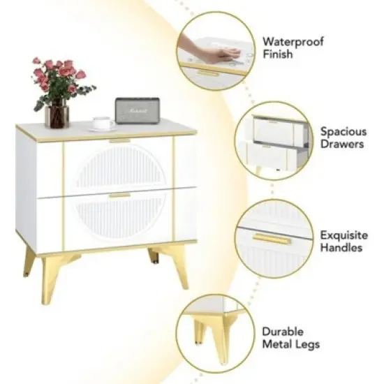 TIRAMISUBEST White Nightstands Set of 2, End Table with 2 Drawers, Night Stand with Metal Legs, Farmhouse Bed Side Table for Living Room, Bedroom image {4}