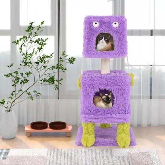 Tangkula Cat Tree Cute Monster-Themed Cat Tower w/ 2 Private Condos & Soft Long Plush image {2}