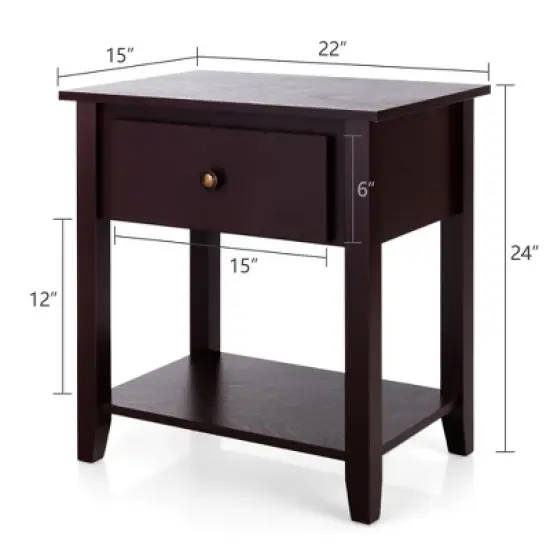 Costway 2PCS Nightstand Sofa End Side Table W/ Storage Drawer Bottom Shelf Espresso image {2}