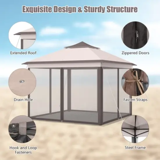 Costway 11'x11' 2-Tier Pop-Up Gazebo Tent Portable Canopy Shelter Carry Bag Mesh Brown\Beige image {6}
