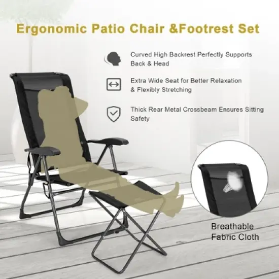 Costway 4PCS Patio Folding Dining Chair Ottoman Set Adjustable Back Camp Gray\Black image {5}