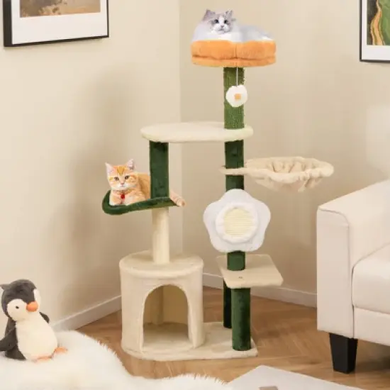 Costway 45" Tall Cute Flower Cat Tree Modern Tower w/ Plush Top Perch Pet Furniture Activity Center image {1}