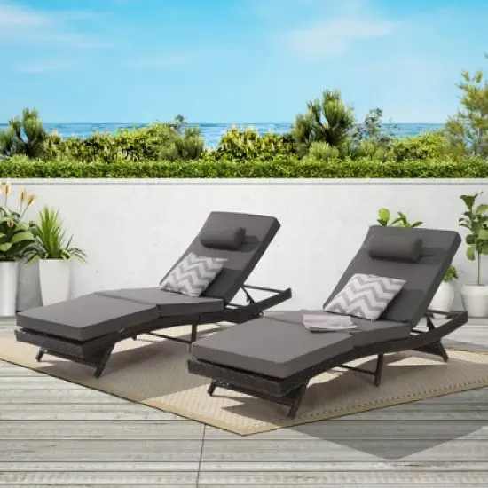 Outdoor Chaise Lounge Chair Set of 2, Wicker Reclining Lounge with Adjustable Backrest & Cushion, Sunbathing Chair for Patio Pool Garden image {8}