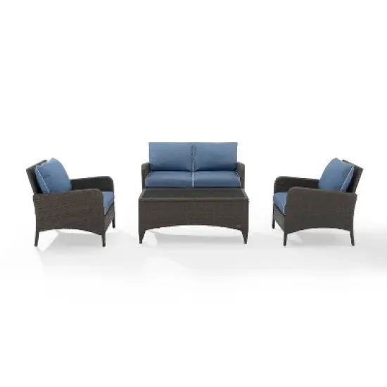 Kiawah 4pc Outdoor Wicker Conversation Set with Sofa, Arm Chairs & Coffee Table Blue - Crosley image {1}
