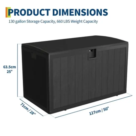 130 Gallon Large Resin Deck Box, Weatherproof Outdoor Storage Bin with Lid and Side Handles image {3}