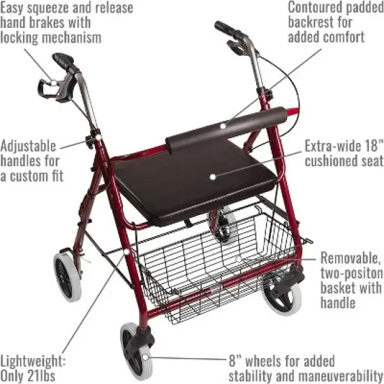 DMI Lightweight Rollator Walker With Seat & Padded Backrest, FSA HSA, 32"-36" Adjustable Height W/ Loop-lock Handbrakes, Supports Up To 375 Lbs, image {1}