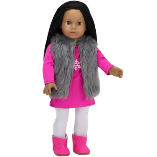 Sophia&rsquo;s Snowflake Dress, Faux Fur Vest, Leggings, & Booties Outfit for 18&rdquo; Dolls, Hot Pink/Silver/White image {2}