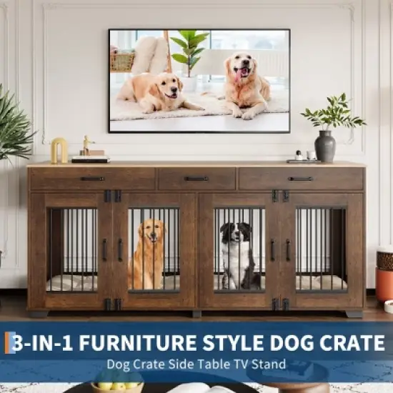 COZONY 71" Dog Crate Furniture for 2 Dogs, Wooden Double Crate with Divider Doors Large Indoor Dog Kennel TV Stand End Table for Large Medium Breeds image {3}