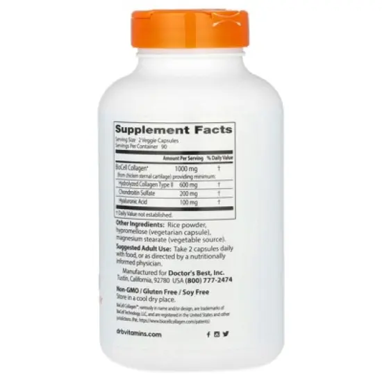 Doctor's Best Hyaluronic Acid + Chondroitin Sulfate with BioCell Collagen, 180 Veggie Capsules image {2}