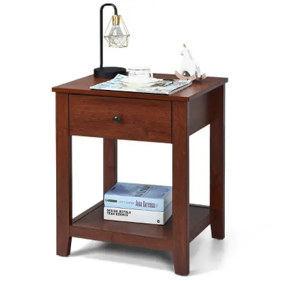 Costway Night Stand End Side Table Bedside Accent Table with Drawer and Storage Shelf image {8}