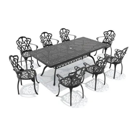 (9-PC)Premium Black Cast Aluminum Patio Set - Weather-Resistant Outdoor Table & Chairs with Beige Cushions image {2}
