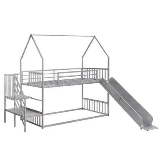 Twin over Twin Metal Bunk Bed House Bed with Slide and Staircase-ModernLuxe image {6}