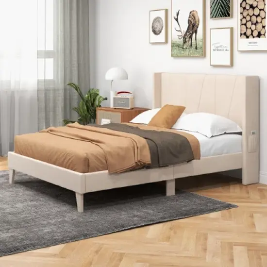 Costway Full/Queen Size Upholstered Bed Frame with Elastic Pockets Mattress Foundation Beige image {4}