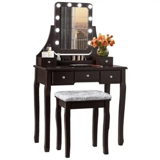 Costway Vanity Dressing Table Set w/ 10 Dimmable Bulbs Touch Switch Cushion Stool White\Black\Brown image {11}