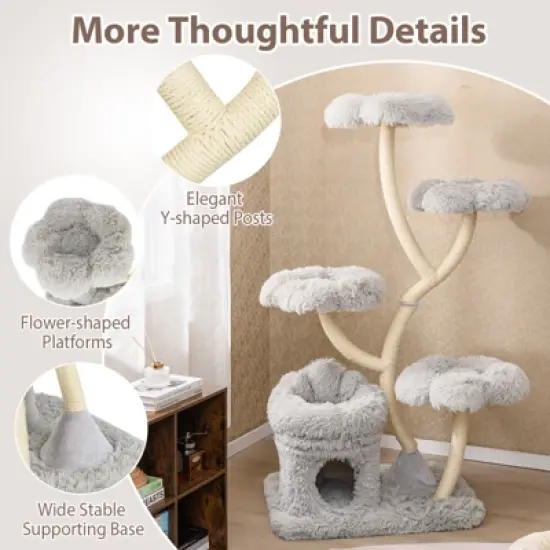 Tangkula Freestanding Cat Tower Tall Cat Tree w/ four Flower-shaped Platforms Cat Condo image {5}