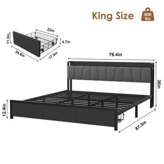 Whizmax King Size Bed Frame with Upholstered Headboard, Industrial King Platform Bed with 2 Storage Drawers and Charging Station, No Box Spring Needed image {1}
