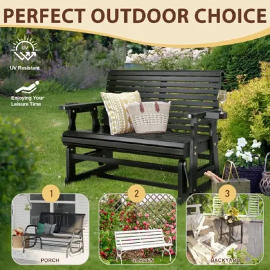 Karl Home | 48 in. Solid Wood Patio Glider Bench with Cup Holder image {4}