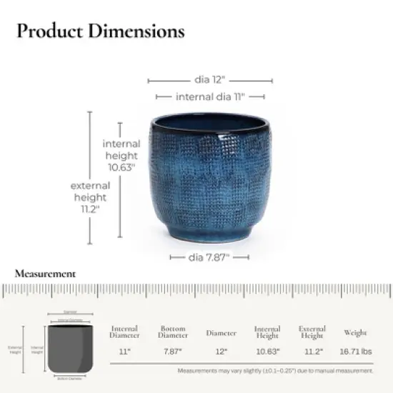 LuxenHome 12-Inch Ocean Blue Ceramic Planter Indoor Outdoor Plant Pot with Drainage Hole and Plug Modern Glazed Round Flower Pot Planter image {2}