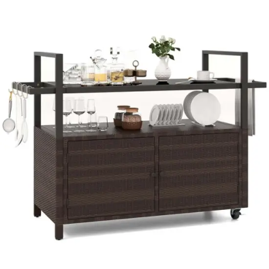 Costway Outdoor Bar Cart with Tempered Glass Top Storage Cabinet & 8 Hooks for Porch Brown/Gray image {1}