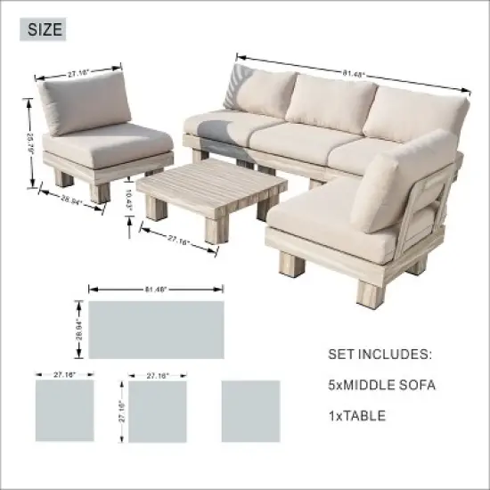 Moda Furnishings 5-Person Outdoor Patio Aluminum Wood Grain Sectional Seating Group With Beige Cushions image {3}