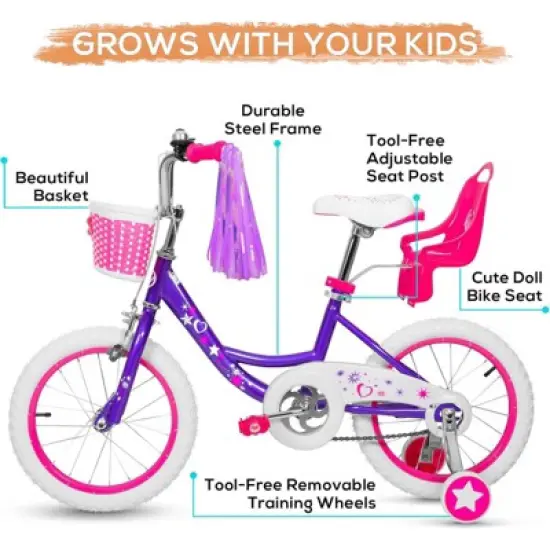 hykolity 16 inch Girls Bike Princess Bicycle for Age 4-7 Years Old Rider Height 41-53 inch includes Training Wheel Basket Doll Seat Violet Purple image {1}