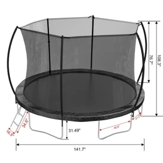 NAYSAYE Trampoline 12FT with Double Sided Color Pad Safety Net and Ladder for Outdoor Fun, Black, 143.70"*143.70"*108.30" image {4}