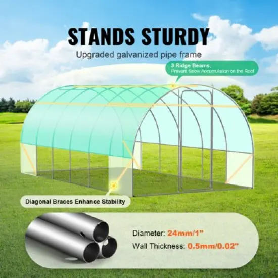 VEVOR Walk-in Tunnel Greenhouse, 19.4x9.7x7.4 ft Hoop House Greenhouse Tunnel with Galvanized Steel Frame, PE Cover, Swing Door, 12 Roll-up Windows image {2}